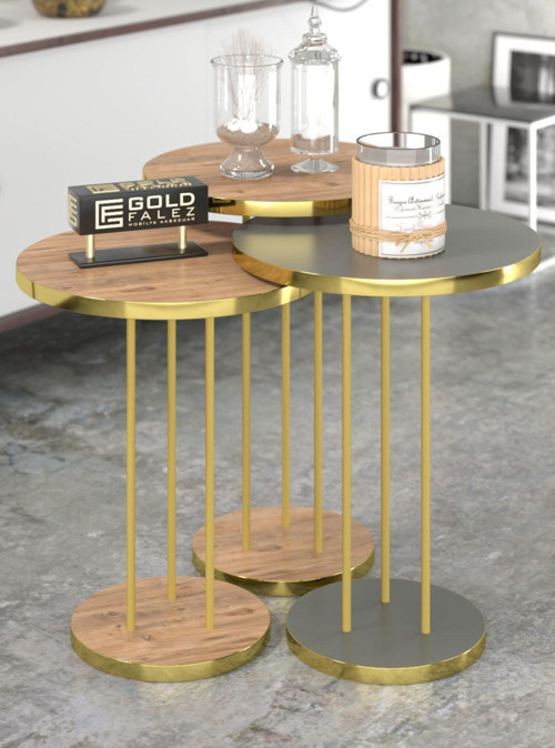Zigon Sehpa Terra 3'lü Set Gordion Ceviz Gold