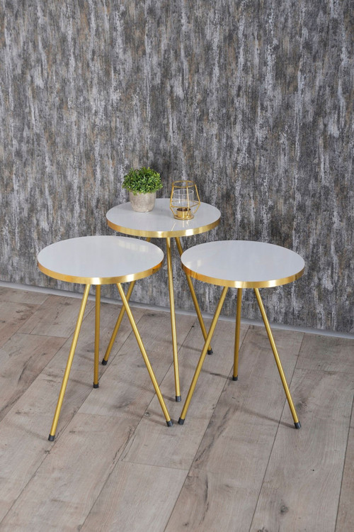 Zigon Sehpa 3'Lü Gold Metal Ayak Beyaz Gold