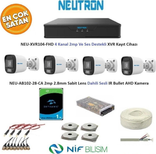 2mp 4 kameralı Sesli Dış ortam AHD Full Kamera Seti 1TB Disk NEU-XVR104-FHD NEU-AB102-28-CA