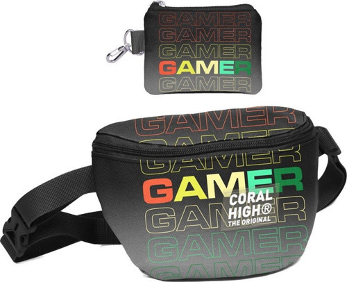 Erkek Çocuk Siyah Gri Gamer Desenli Bel Çantası ve Bozuk Para Cüzdanı Set