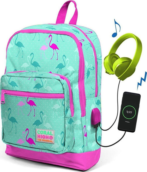 Kids Su Yeşili Flamingo Desenli Usb Şarjlı Kulaklık Çıkışlı Okul Sırt Çantası 23275