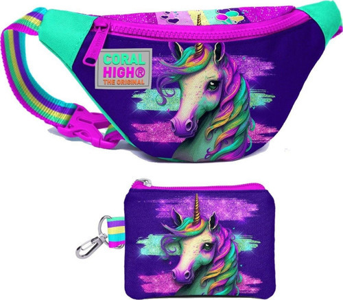 Kız Çocuk Pembe Su Yeşili Unicorn Desenli Bel Çantası ve Bozuk Para Cüzdanı Set