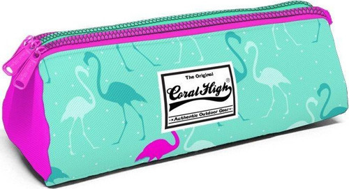 Üç Gözlü Yeşil Pembe Flamingo Kalem Çantası - Kalın Fermuarlı - Kız Çocuk
