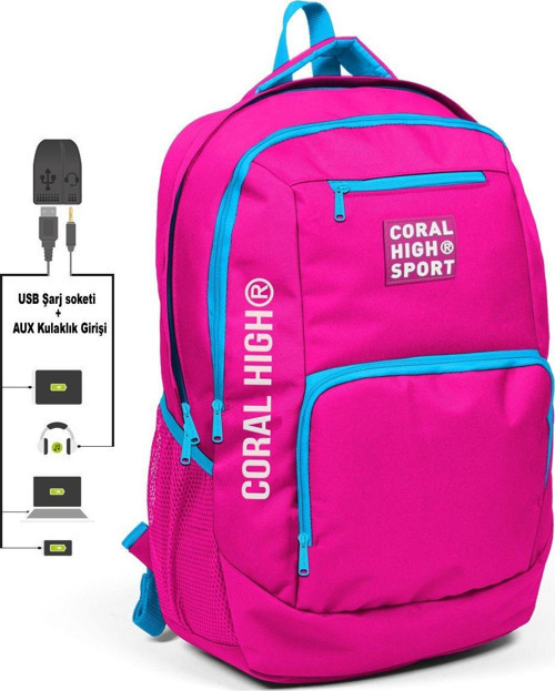 Sport Pembe-Mavi Laptop Bölmeli Sırt Çantası - USB Çıkışlı