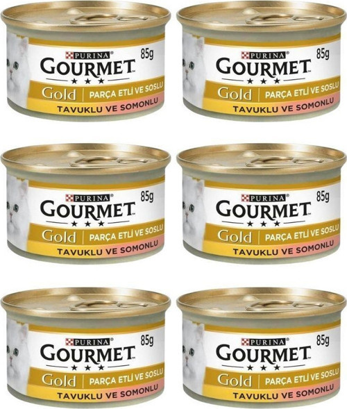 Gourmet Gold Parça Etli Somonlu ve Tavuklu Yetişkin Kedi Konservesi 85gr x 6 Adet