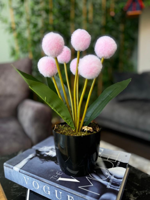 Yapay Çiçek Pembe Pompon Siyah Saksıda Dekoratif Yapay Çiçek 30*20 cm