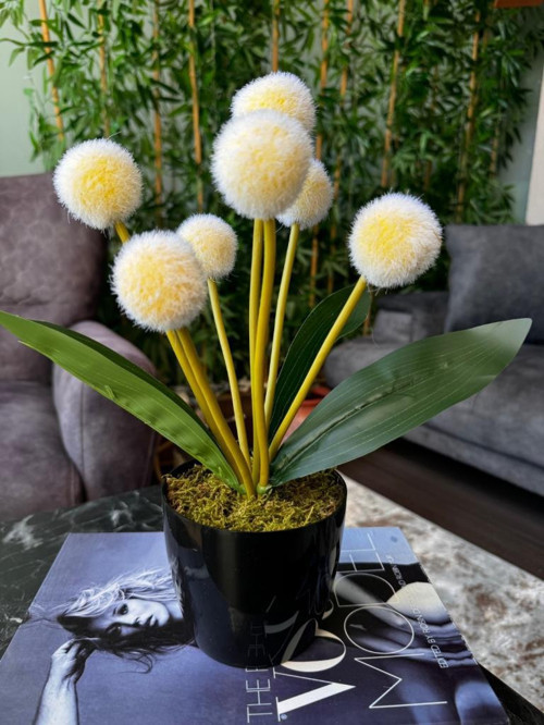 Yapay Çiçek Sarı Pompon Siyah Saksıda Dekoratif Yapay Çiçek 30*20 cm