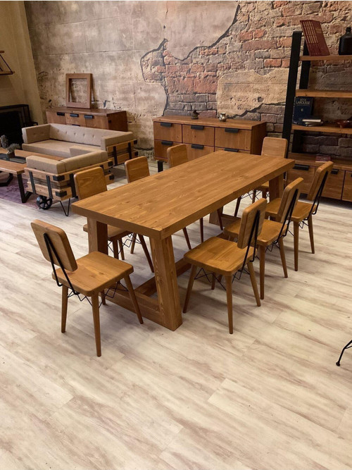 Farmhouse Doğal Ahşap Masif Yemek Masası 80x180 cm 6 Adet Sandalye