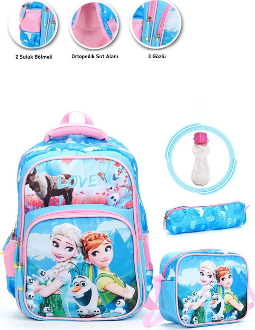 Mavi Love Elsa Anna Okul Çantası + Beslenme + Kalemlik + Suluk Frozen Sırt Çantası Atcık Çanta