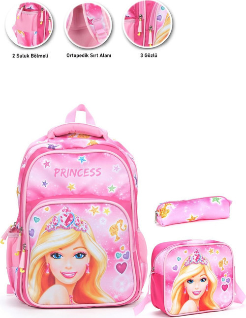 Soft Princess Barbie Okul Çantası + Beslenme + Kalemlik + Barbie Kız Çantası