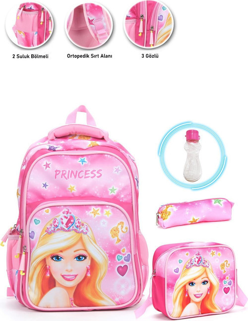 Soft Princess Barbie Okul Çantası + Beslenme + Kalemlik + Suluk Barbie Kız Çantası