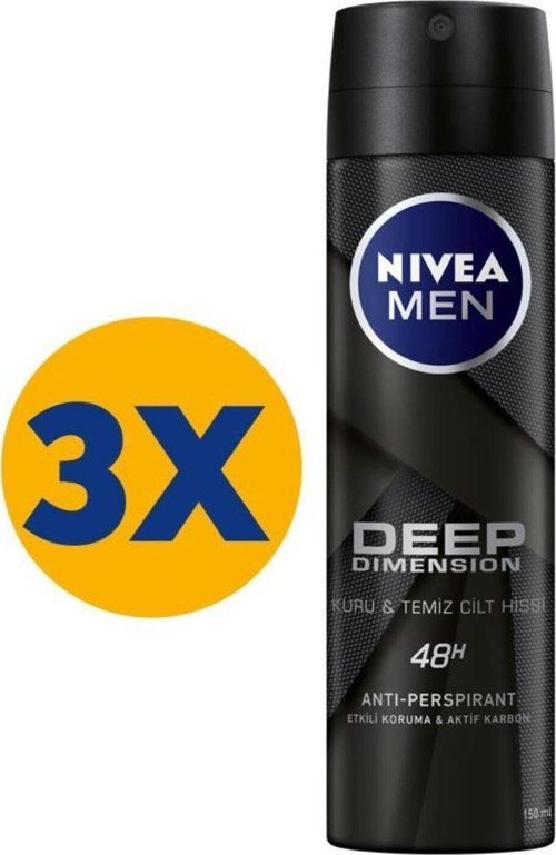 Erkek Sprey Deodorant Deep Dimension 150 mlx3Adet,48 Saat Anti-Perspirant Koruma