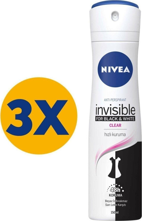 Woman Anti-Perspirant Black & White Invisible Clear 48H Hızlı Kuruma Kadın Deodorant X 3 Adet