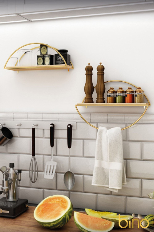 Duvar Rafı Dekoratif Mutfak Banyo Altın Elips Kitaplık 2Li Set