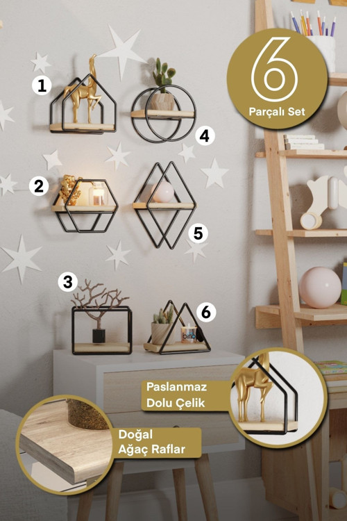 Montessori Kitaplık Bebek Çocuk Odası Duvar Rafı Ahşap Minyatür Oyuncak Odası Raf 6'Lı Set