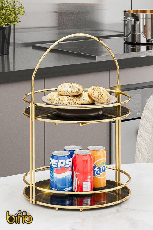 Servis Sunum Ikramlık Gold Büyük Lüks 2 Katlı 40Cm Organizer Mutfak Düzenleyici Pasta Standı