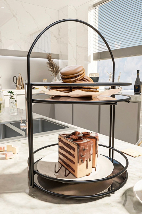 Servis Sunum Ikramlık Siyah Büyük Lüks 2 Katlı 40Cm Organizer Mutfak Düzenleyici Pasta Standı