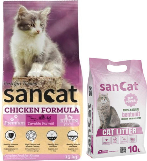 Premium Tavuklu Yavru Kedi Maması 15 Kg, Bebek Pudrası Kokulu Kedi Kumu 10 Lt.