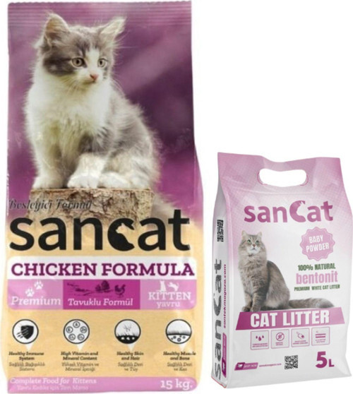 Premium Tavuklu Yavru Kedi Maması 15 Kg, Bebek Pudrası Kokulu Kedi Kumu 5 Lt.