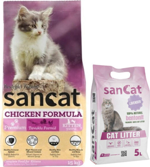Premium Tavuklu Yavru Kedi Maması 15 Kg, Lavanta Kokulu Kedi Kumu 5 Lt.