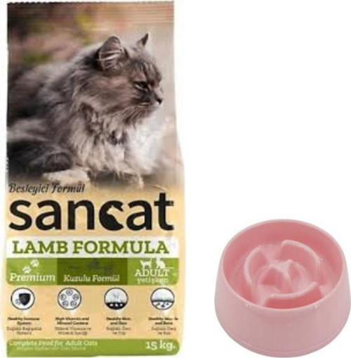 Premium Kuzulu Yetişkin Kedi Maması 15 Kg,Yavaş Yeme Mama Kabı 175 Ml.