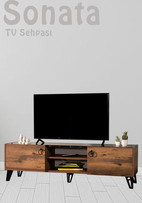 Sonata Tv Ünitesi - Ceviz/Siyah 160 Cm 2 Kapaklı + 2 Raflı Tv Sehpası