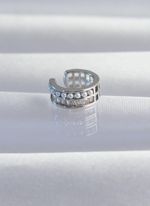 Pirinç Gümüş Renk İncili Baget Taşlı Earcuff Küpe - EBJ240820W26738