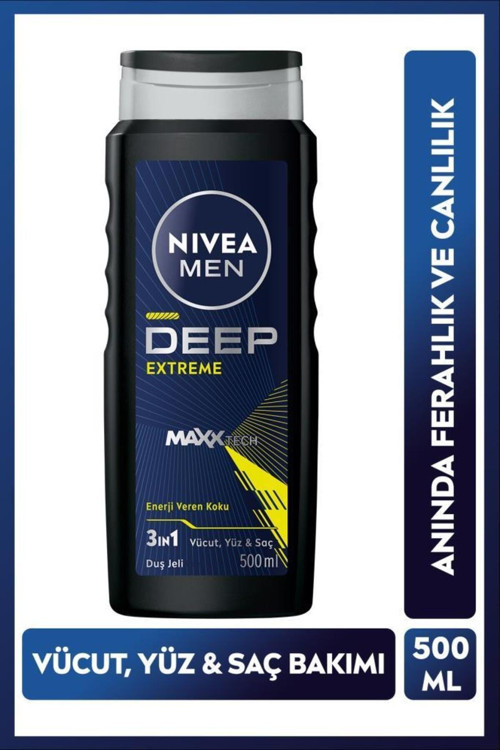 Men Erkek Deep Extreme Duş Jeli 500ml, 3'ü 1 Arada Komple Bakım, Vücut Saç Ve Yüz, Enerji Veren Koku