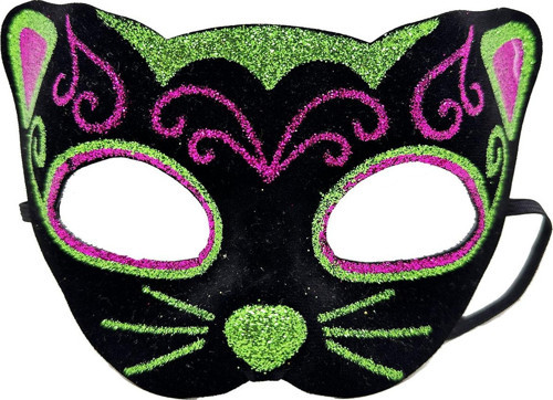 Siyah Kadife Kaplama Üzeri Pembe Yeşil Sim İşlemeli Kedi Maskesi 20x13 cm
