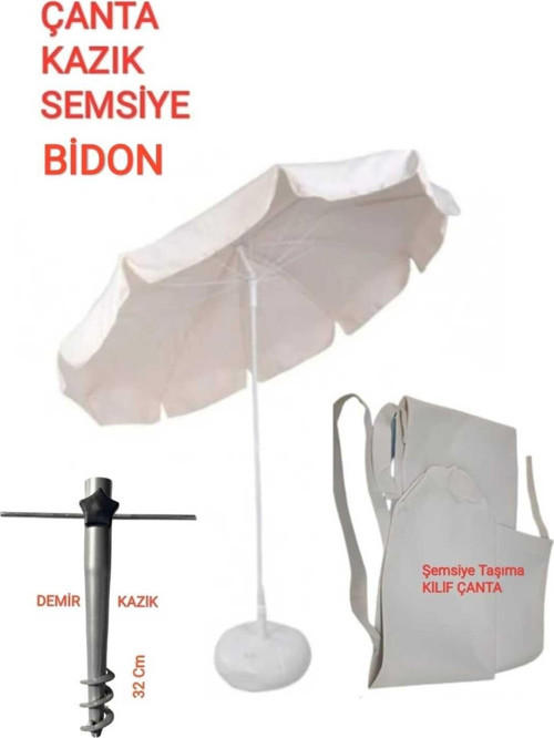 Mega XXL 2 Mt Krem Deniz Havuz Plaj Şemsiyesi + Bidon +Kazık +Çanta