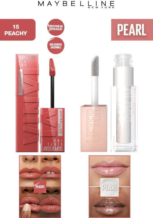 Maybelline Dudak Dolgunlaştırıcı Parlatıcı Kalıcı Işıltılı Dudaklar Nemlendirici Lip Gloss Seti 15 Peachy-001 Pearl