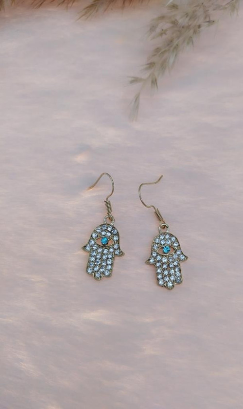 Hdmarketim Otantik Swarovski Taşlı Sallantılı Hamsa Figürlü Küpe Sarı