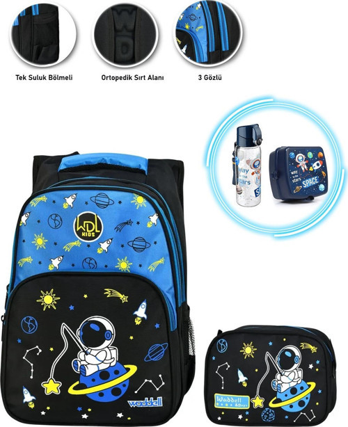 Oltalı Astronot Okul Çantası + Astronot Beslenme Kabı + Astronot Suluk - Uzay Çanta İlkokul Çantası