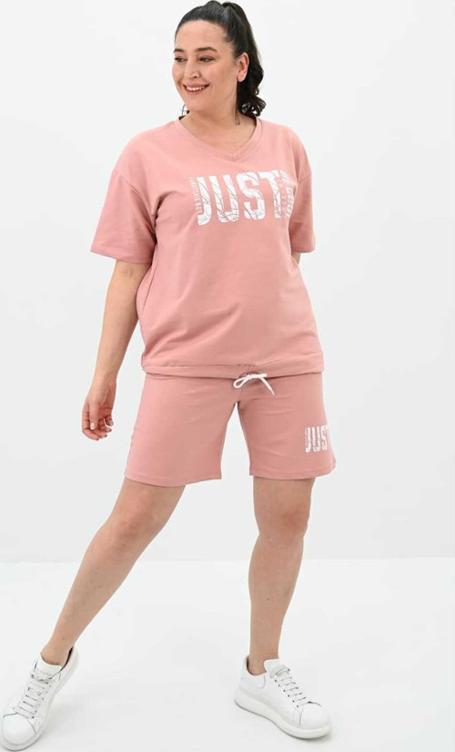 Kadın Büyük Beden Baskılı Şort Takım 8087-24 Pembe 4XL