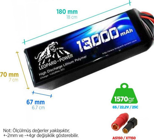 13000 mAh 22.2V 6S 25C UAV & Multirotor Lityum Polimer Lipo Batarya Pil XT150 Plug