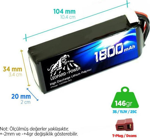1800 mAh 11.1V 3S 25C Lityum Polimer Lipo Batarya Pil T Plug