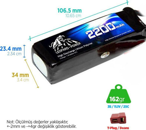 2200 mAh 11.1V 3S 25C Lityum Polimer Lipo Batarya Pil T Plug