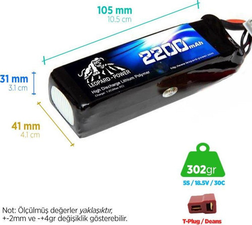 2200 mAh 7.4V 2S 30C Lityum Polimer Lipo Batarya Pil T Plug