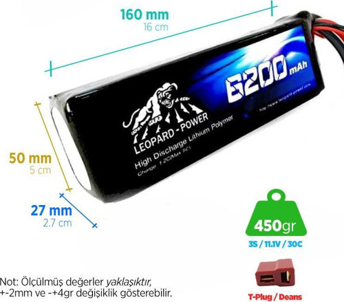 6200 mAh 11.1V 3S 30C Lityum Polimer Lipo Batarya Pil T Plug