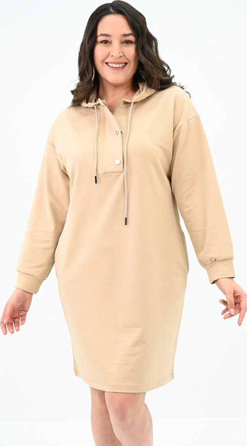 Kadın Büyük Beden Yaka Düğmeli Kapüşonlu Tunik 5207-24 Bej 5XL
