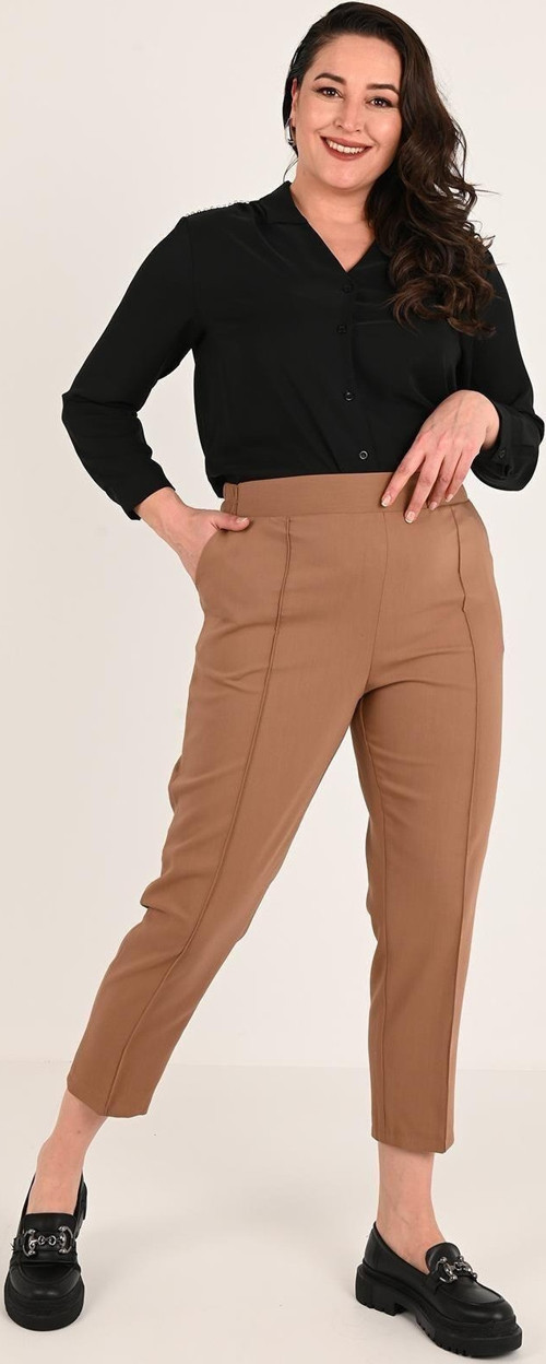 Kadın Büyük Beden Şeritli Kumaş Pantolon 6228-24 Bej 3XL