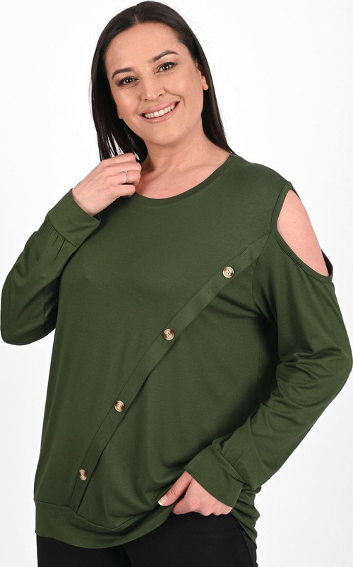 Kadın Tek Omuzlu Düğme Detaylı Büyük Beden Bluz 1390-23 Haki 6XL