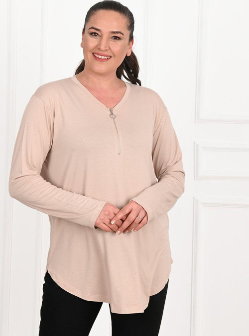 Kadın Yarım Fermuar Detaylı Büyük Beden Bluz 1387-23 Bej 5XL