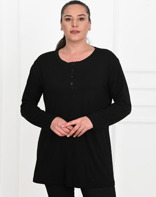 Kadın Düğme Detaylı Büyük Beden Bluz 1376-23 Siyah 6XL