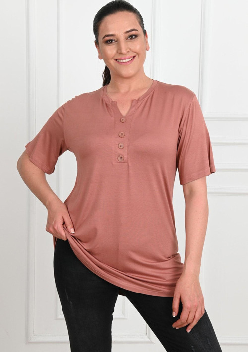 Kadın Kısa Kollu V Yaka Düğme Detaylı Büyük Beden Bluz 1526-23 Pembe 5XL