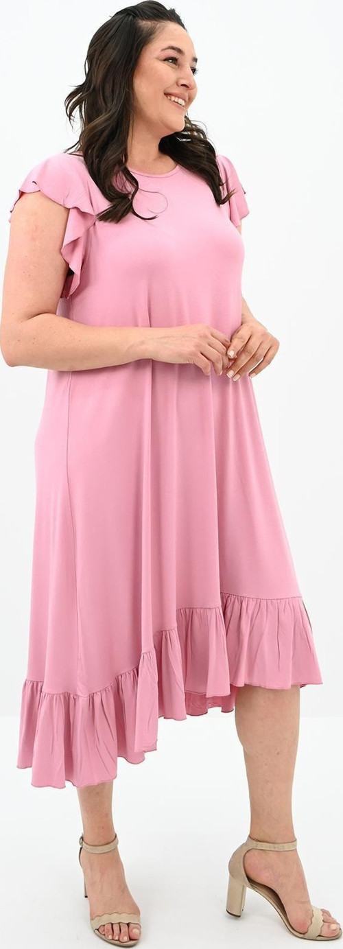 Kadın Büyük Beden Fırfır Detaylı Elbise 5176-23 Pembe 5XL-6XL