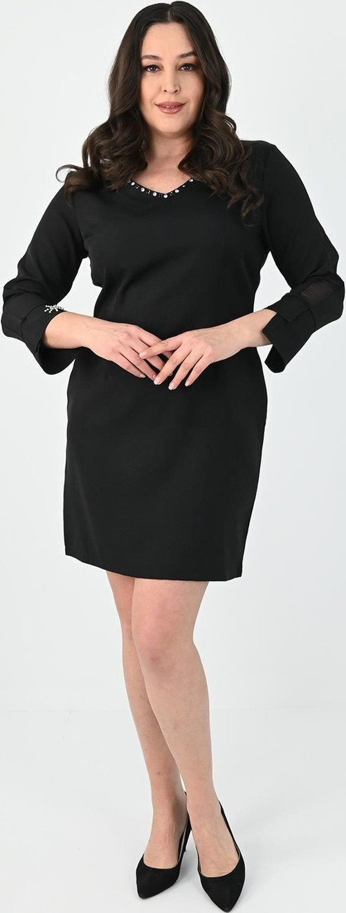 Kadın Büyük Beden Boncuk İşleme Detaylı Elbise 5201-25 Siyah 2XL