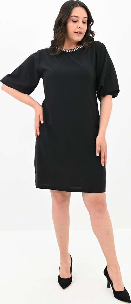 Kadın Büyük Beden Yaka Taş İşlemeli Elbise 5211-24 Siyah 2XL