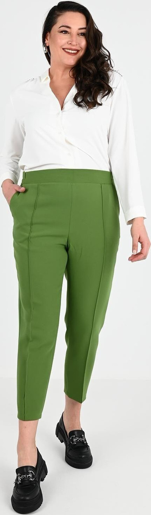 Kadın Büyük Beden Şeritli Kumaş Pantolon 6228-24 Yeşil 3XL