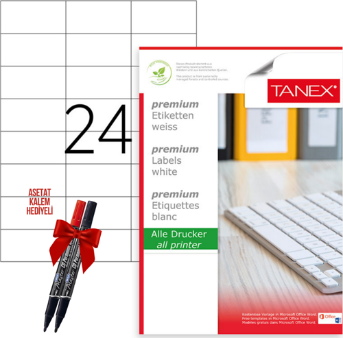 Tw-2037 70x37 mm Laser Etiket 100 Tabaka 2'li Asetat Kalem Hediyeli
